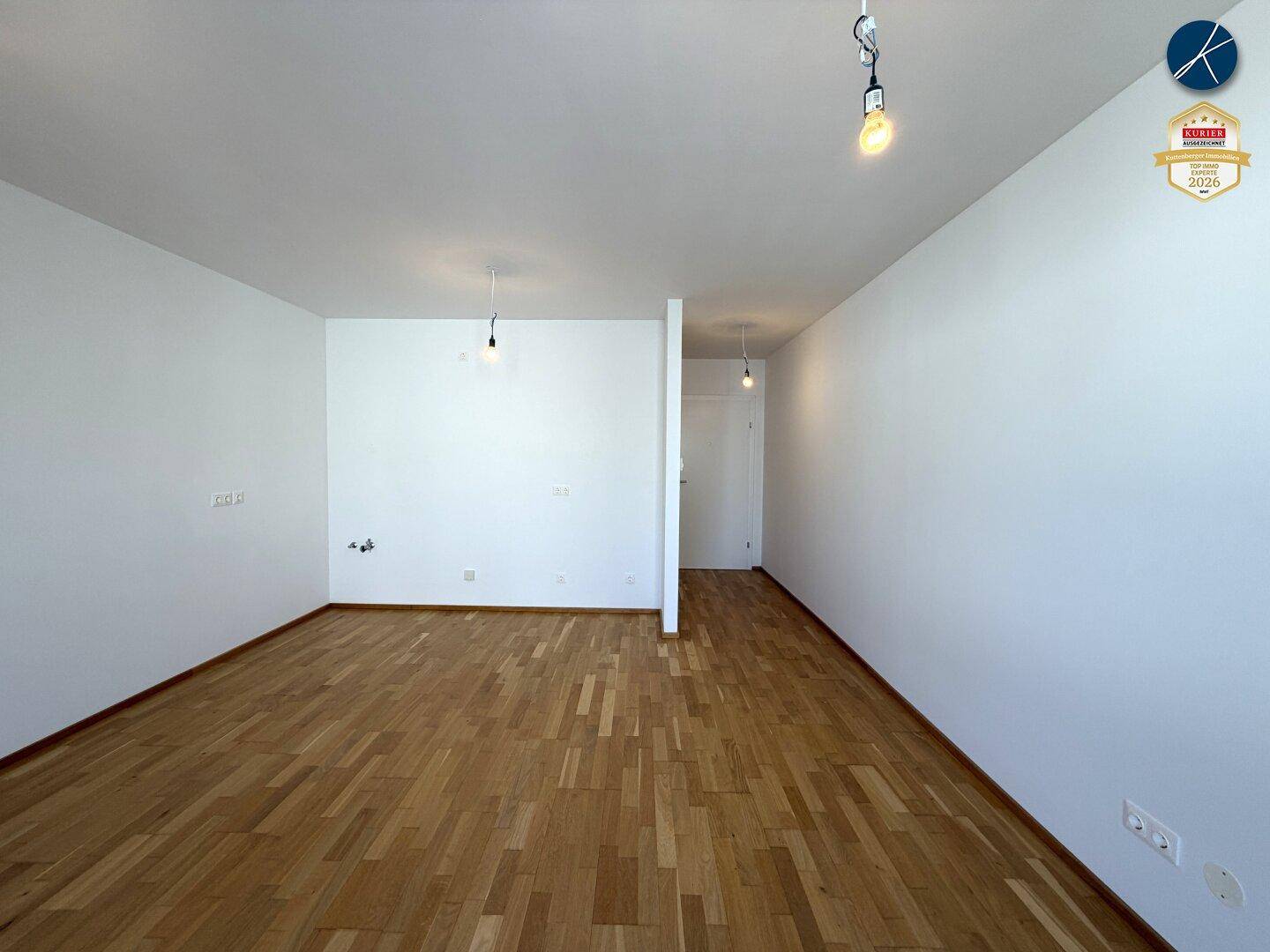 Geräumiges, leeres Zimmer mit Parkettboden und weiß gestrichenen Wänden.