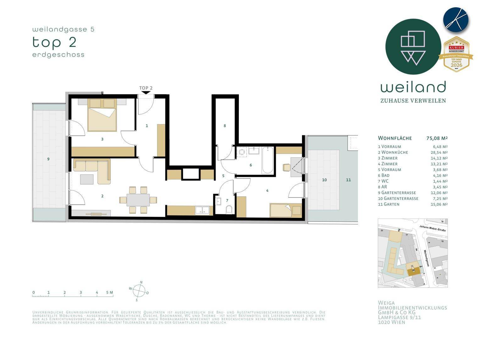 Grundriss der Wohnung Top 2 im Erdgeschoss mit Terrasse und Gartenanteil.
