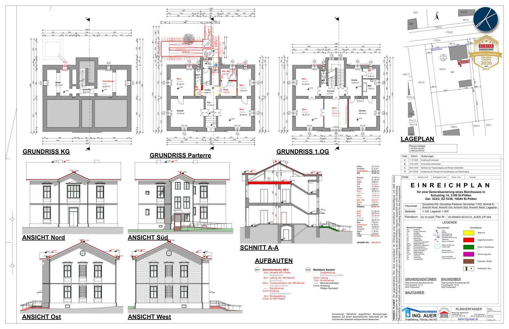 Umfassender Plan mit Grundrissen, Ansichten und Lageplan des Gebäudes.