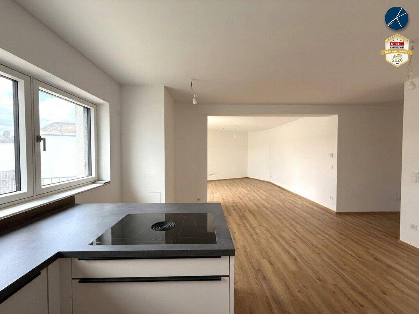 Moderne Küche mit dunkler Arbeitsplatte und Induktionskochfeld, offen zum Wohnbereich.
