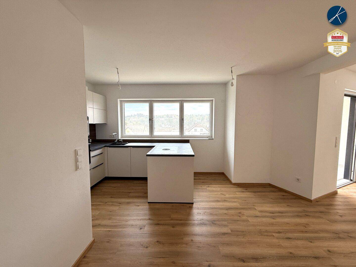 Helle Einbauküche mit Kücheninsel und großem Fenster, offen zum Wohnbereich.