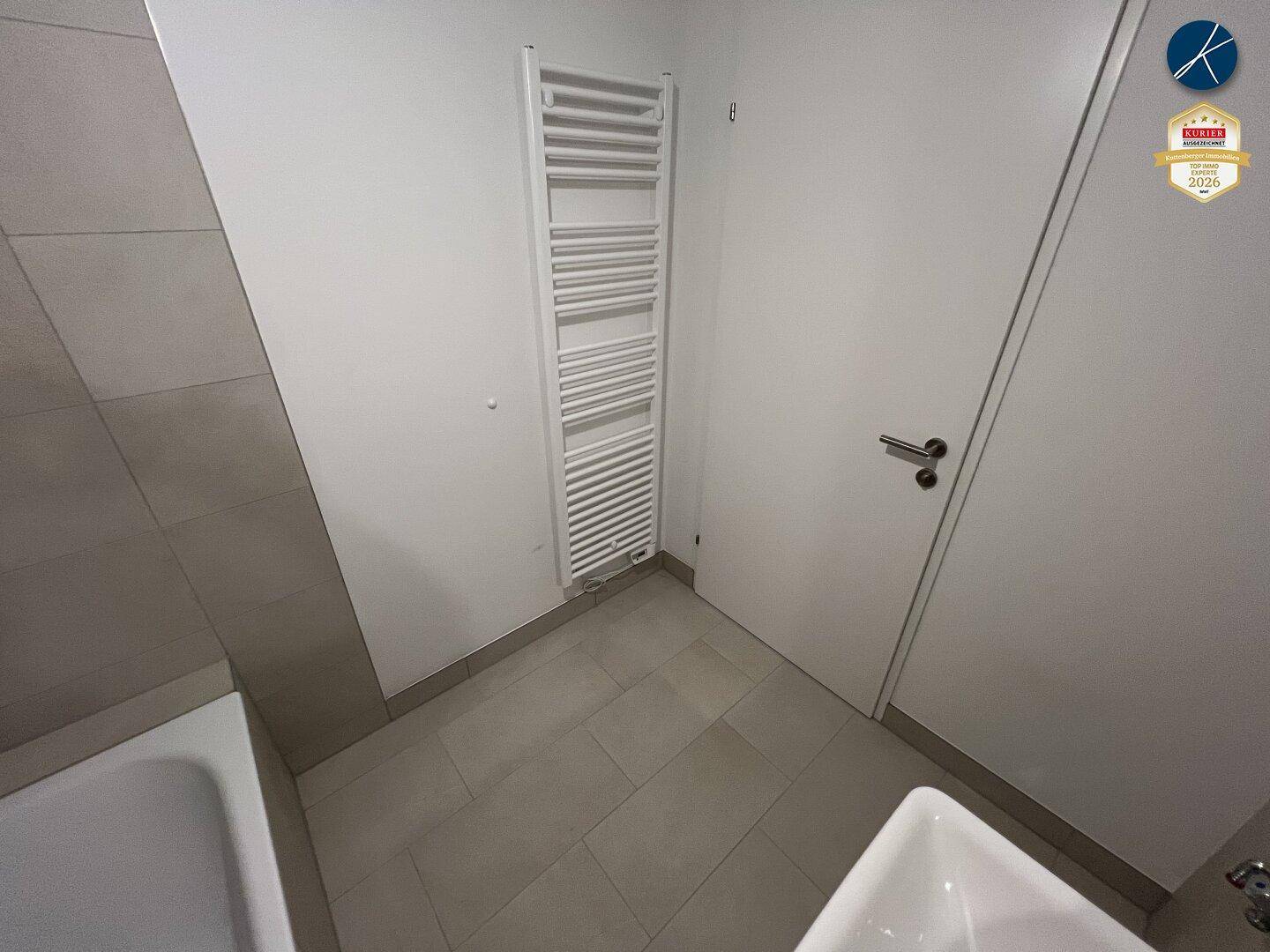 Badezimmer mit praktischem Handtuchheizkörper und einer modernen Tür.