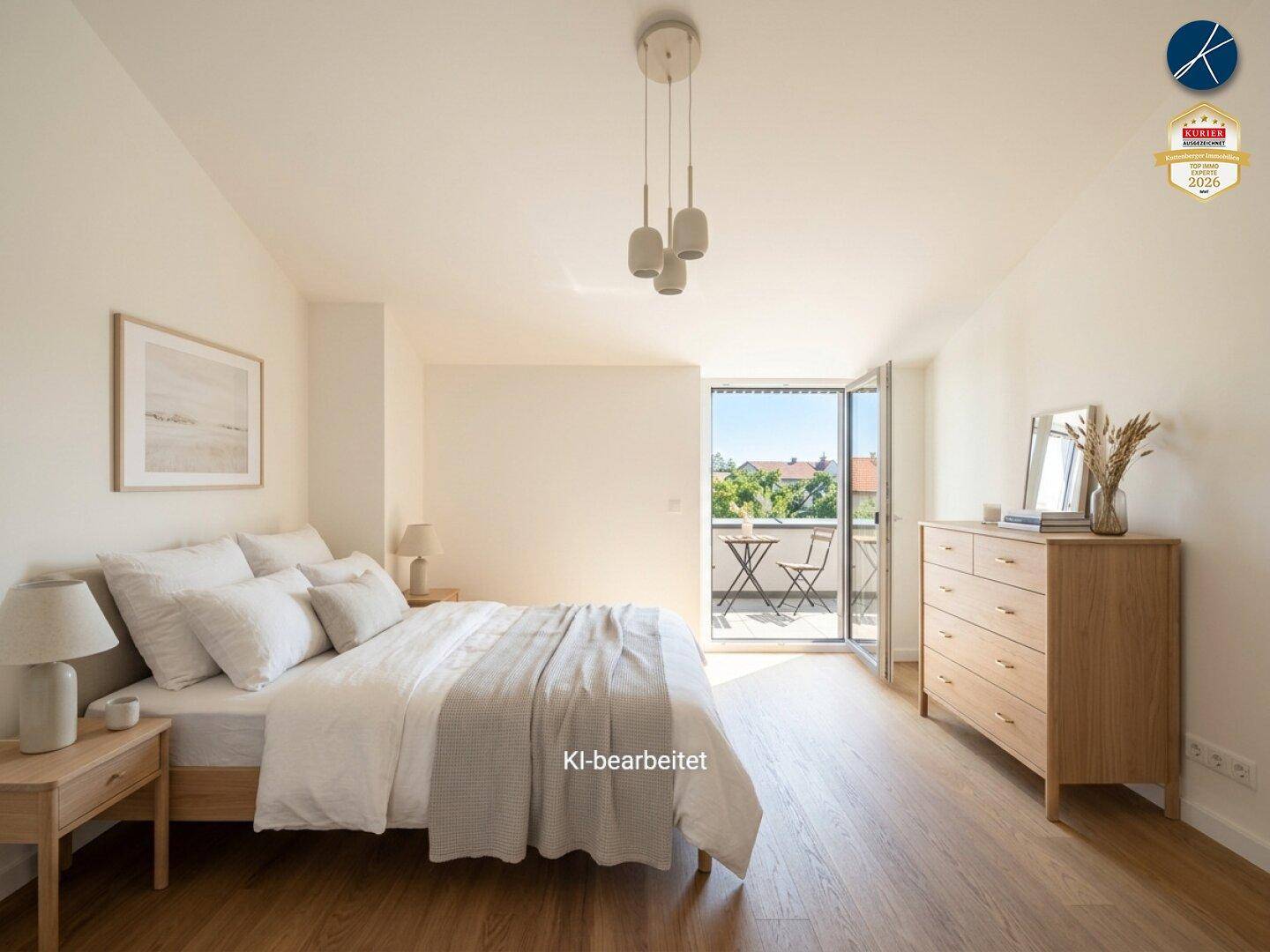 Gemütliches Schlafzimmer mit Holzboden, Balkonzugang und Blick ins Grüne.