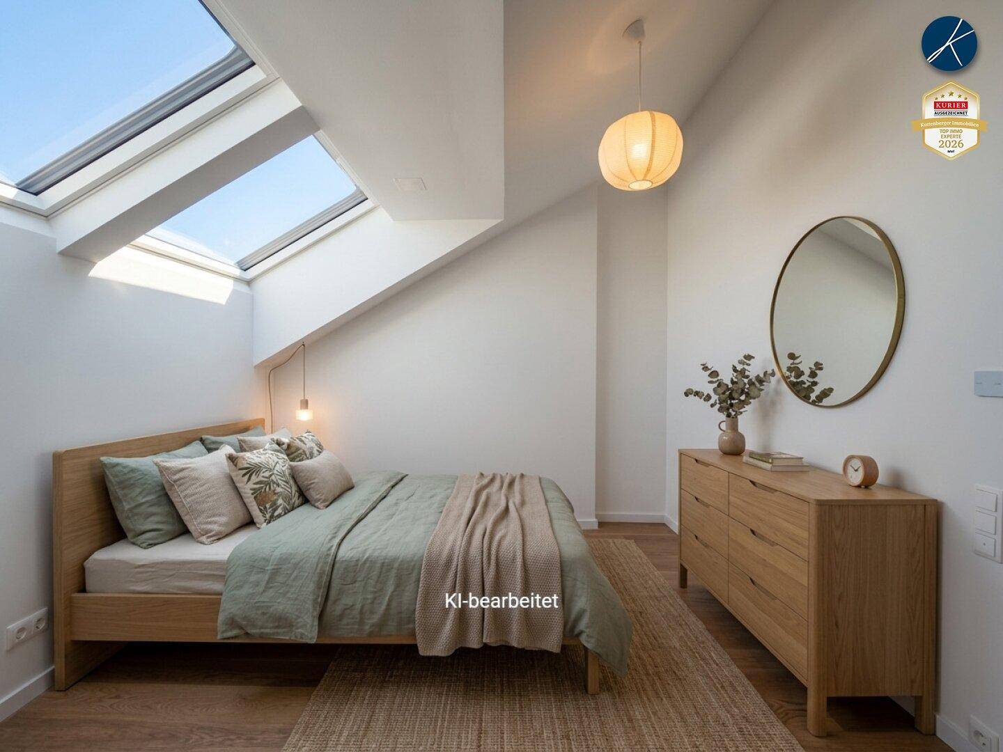 Gemütliches Schlafzimmer mit Holzbett, Dachschrägen und großen Dachfenstern für viel natürliches Licht.