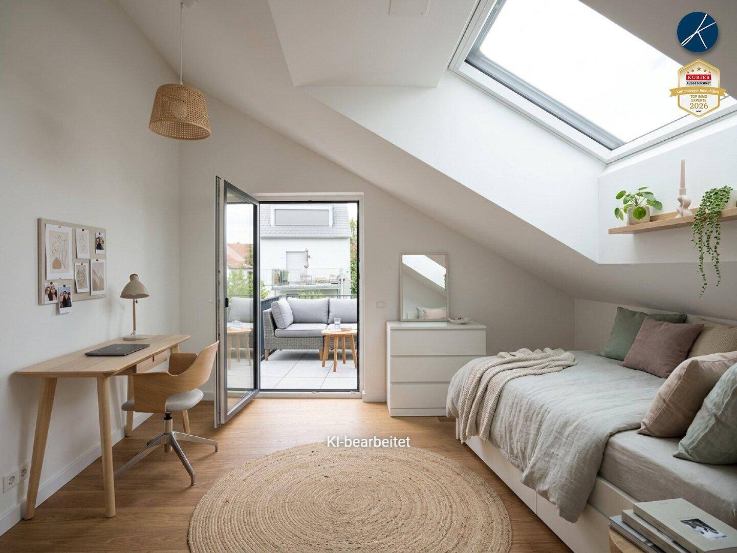 Helles Zimmer mit Schreibtisch, Bett, Dachfenster und direktem Zugang zu einem kleinen Balkon.