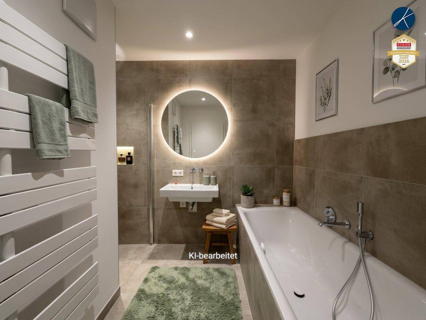 Modernes Badezimmer mit Badewanne, beleuchtetem Spiegel und beheiztem Handtuchhalter.