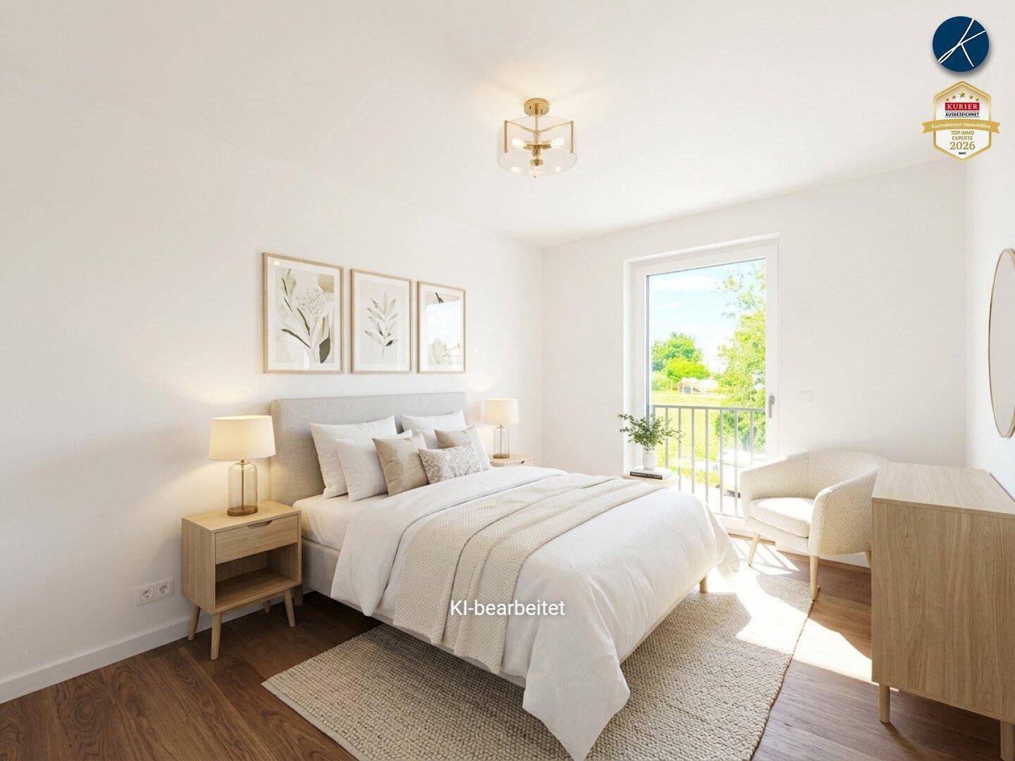 Helles Schlafzimmer mit modernem Bett, Holzboden und französischem Balkon mit Grünblick.
