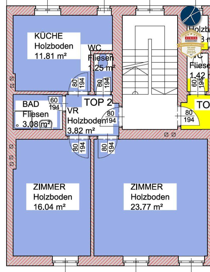 Detaillierter Grundriss einer Wohnung mit Küche, Bad, WC und zwei Zimmern.