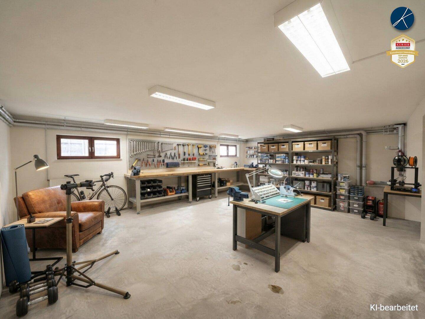 Geräumiger Kellerraum, eingerichtet als Werkstatt mit Arbeitsflächen, Regalen und verschiedenen Geräten.