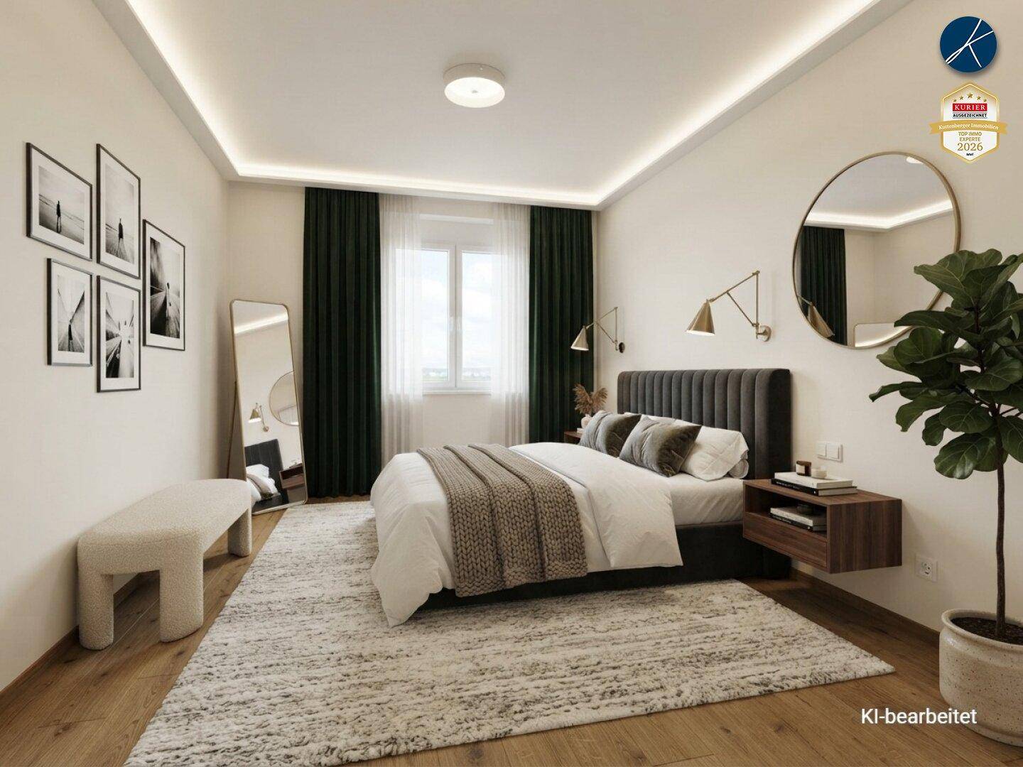 Modern eingerichtetes Schlafzimmer mit großem Bett, Holzboden und indirekter Beleuchtung.