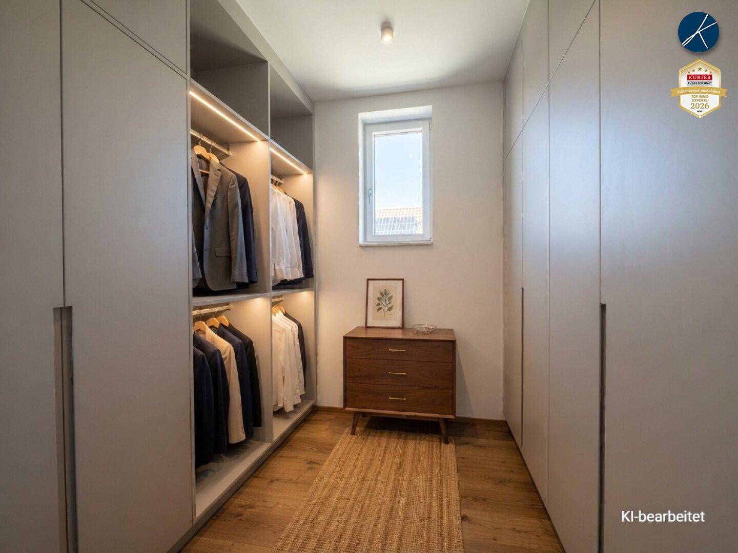 Geräumiger begehbarer Kleiderschrank mit integrierten Schränken und Fenster.