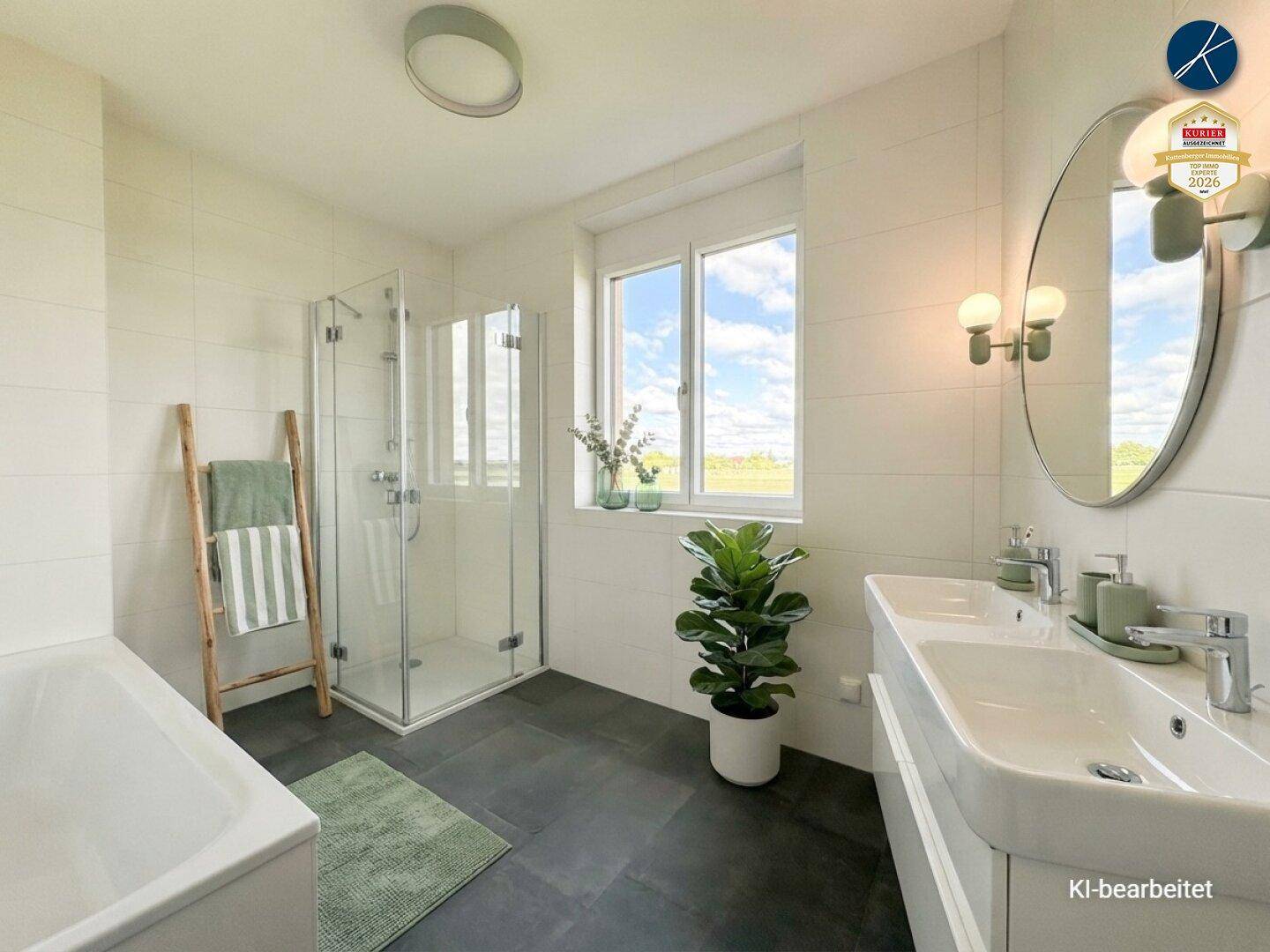 Modernes Badezimmer mit Doppelwaschbecken, Badewanne und großer Duschkabine.