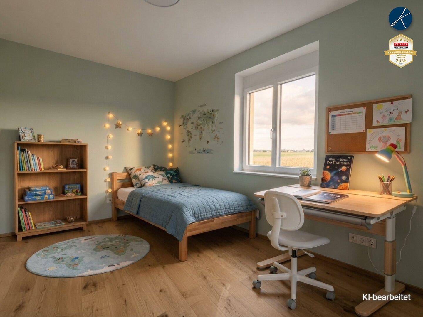 Gemütliches Kinderzimmer mit Holzbett, Schreibtisch, Bücherregal und Blick ins Grüne.
