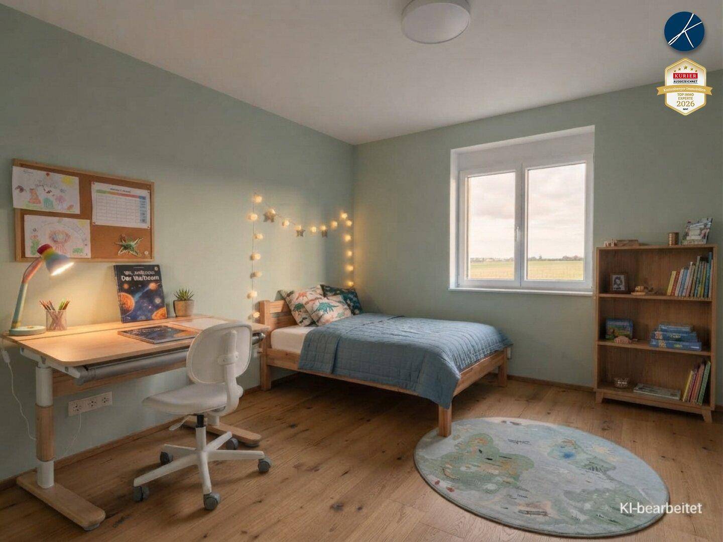 Kinderzimmer mit hellem Holzboden, Schreibtisch, Regal und Blick ins Grüne.