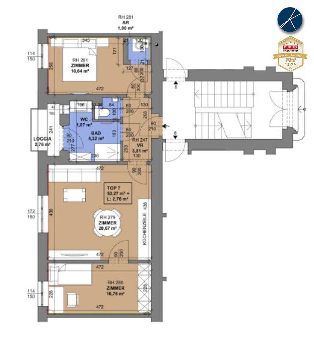 Detaillierter Grundriss einer Wohnung mit mehreren Zimmern und einer Loggia.