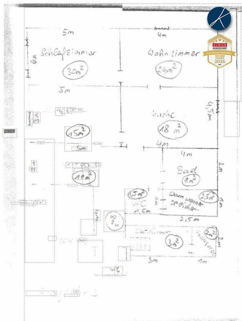 Handgezeichneter Grundriss mit Raumaufteilung und Flächenangaben für die Immobilie.
