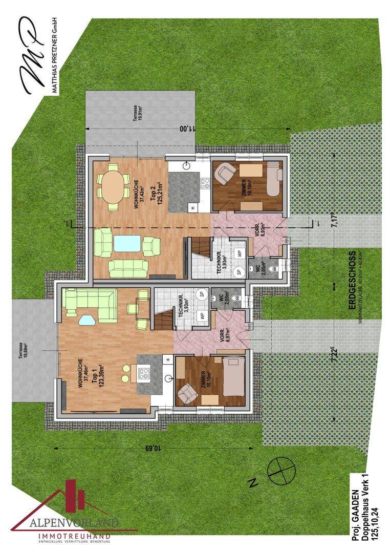 Grundriss des Erdgeschosses mit offener Wohnküche, Essbereich und Zugang zur Terrasse.