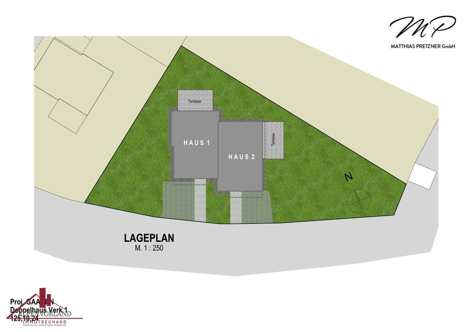 Übersichtslageplan der Doppelhaushälften mit zugehörigen Gärten und Terrassenbereichen.