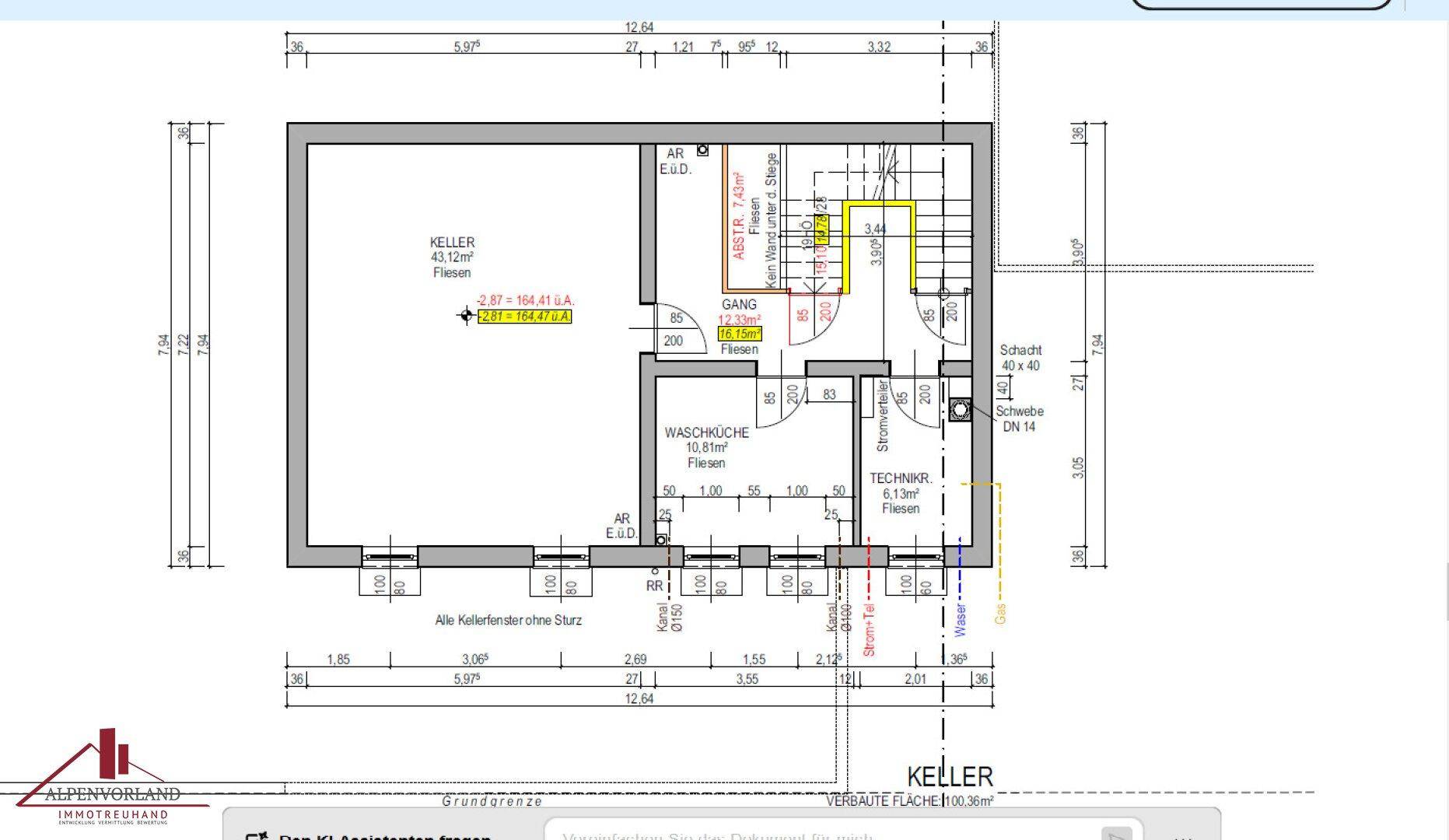 Grundriss des Kellers mit Waschküche, Technikraum und zusätzlichen Abstellflächen.