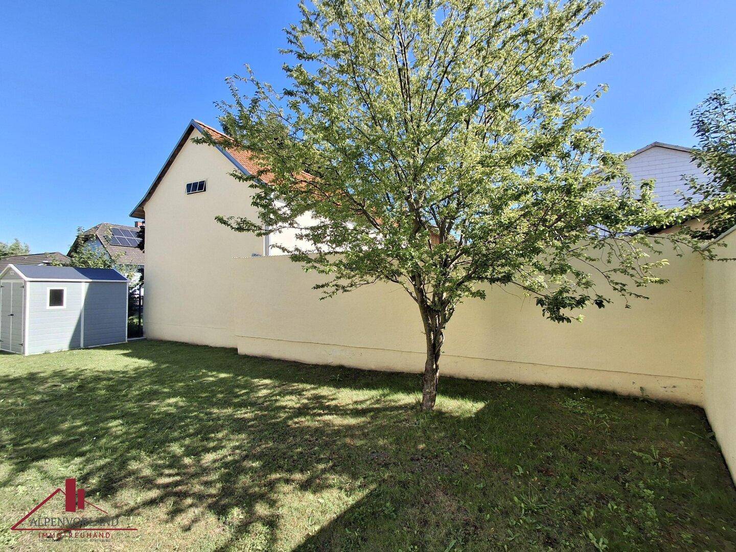 Gepflegter Gartenbereich mit Rasenfläche, einem Baum und einem praktischen Geräteschuppen.