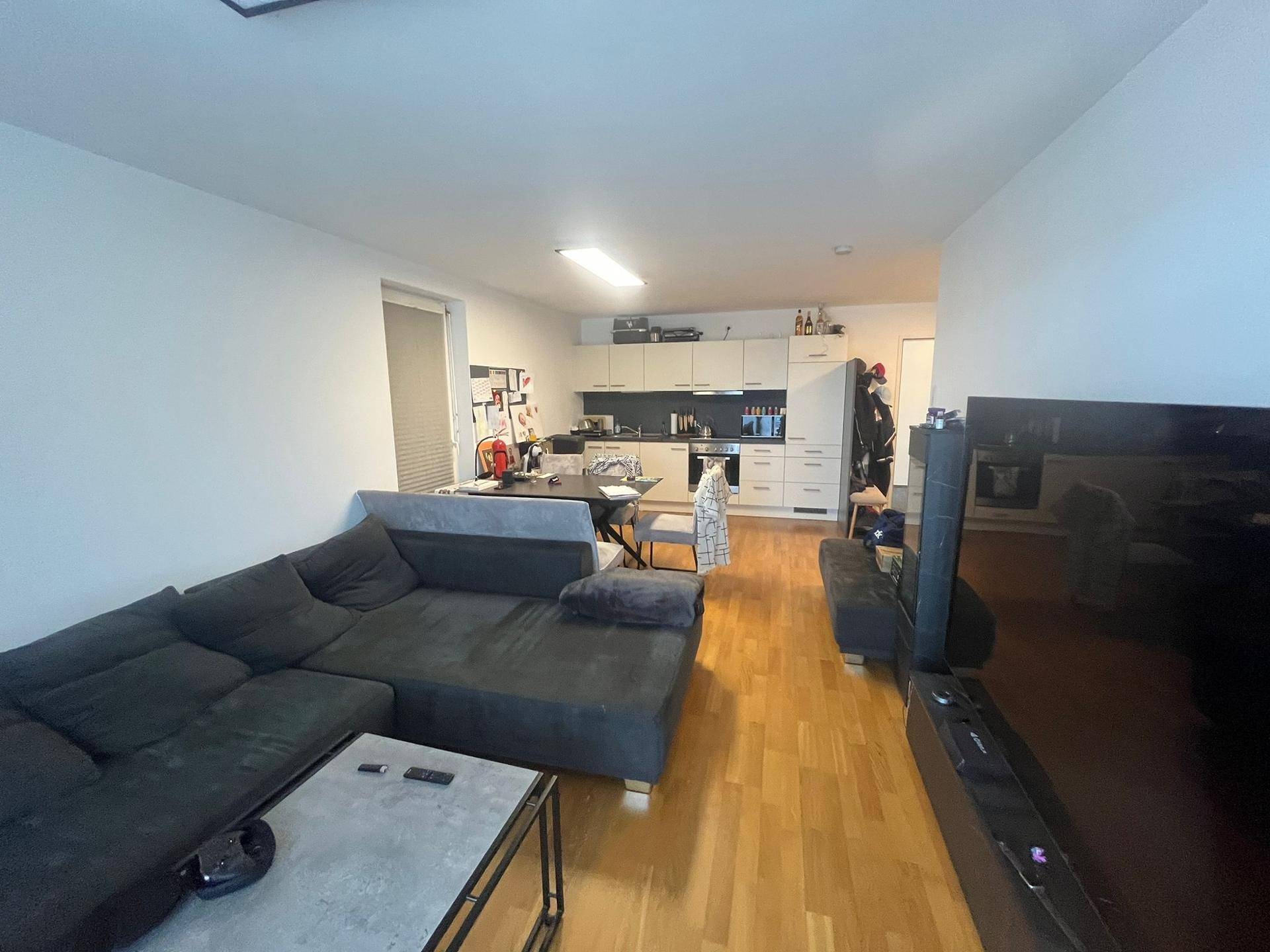 Offener Wohn- und Essbereich mit integrierter Küche, Sofa und Holzboden.
