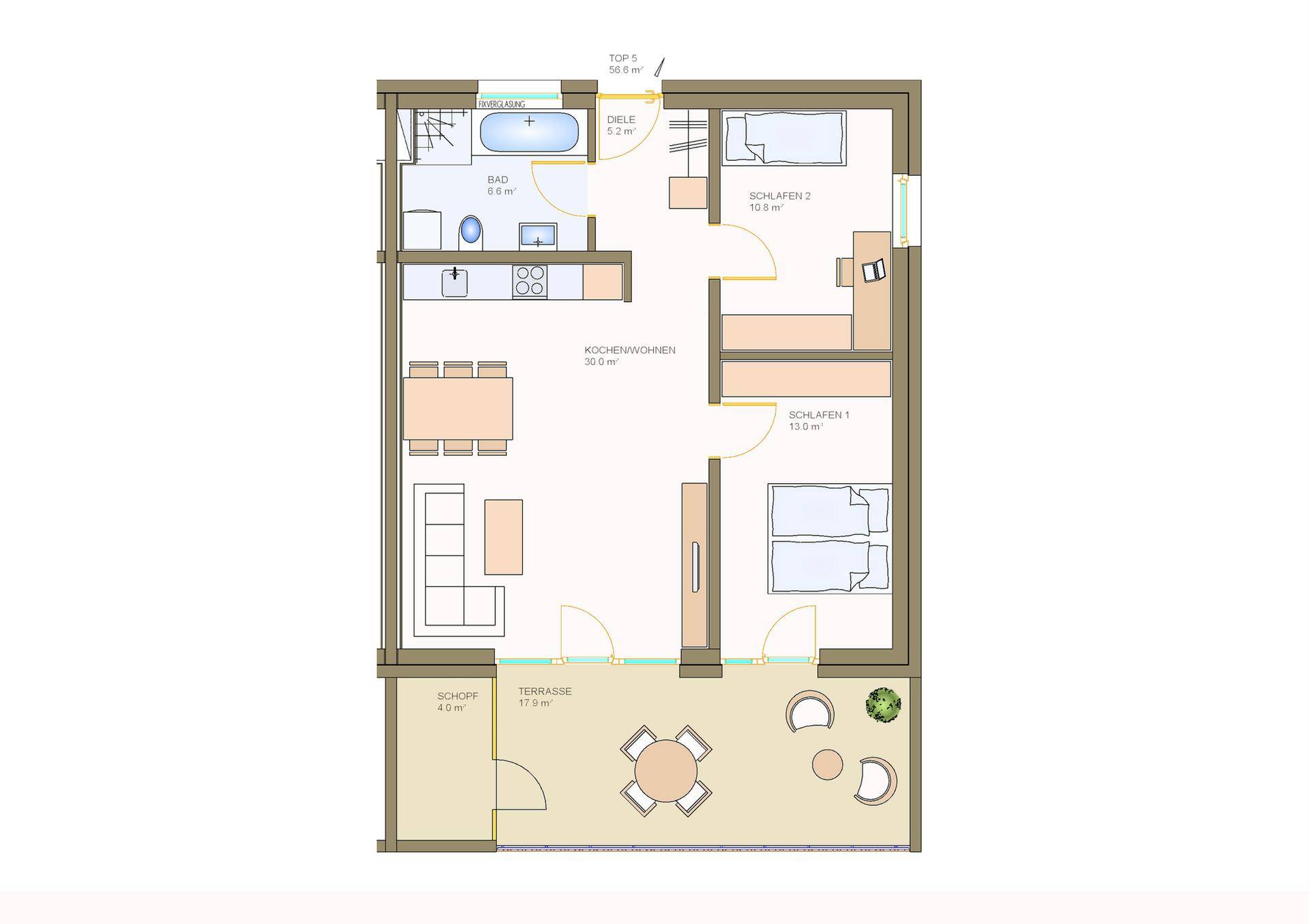 Detaillierter Grundriss einer Wohnung mit offenem Wohnbereich, zwei Schlafzimmern und Terrasse.