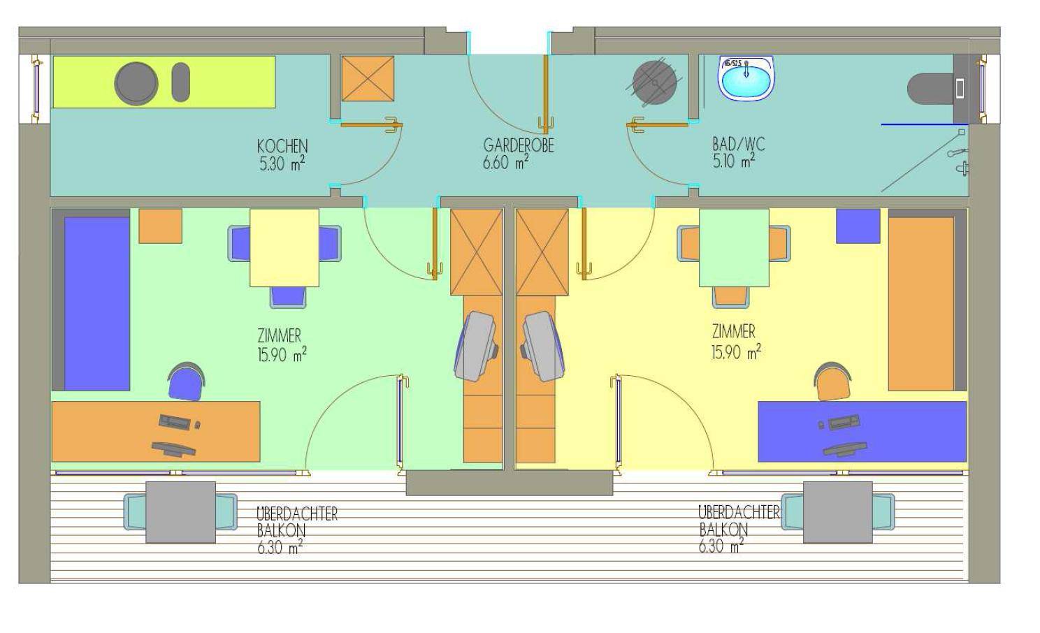 Grundriss einer Wohnung mit zwei Zimmern, Küche, Bad und zwei überdachten Balkonen.