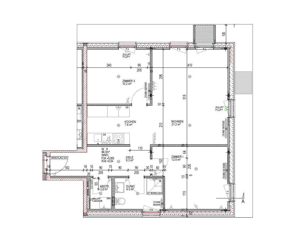 Detaillierter Grundriss einer Wohnung mit drei Zimmern, Küche und Bad.