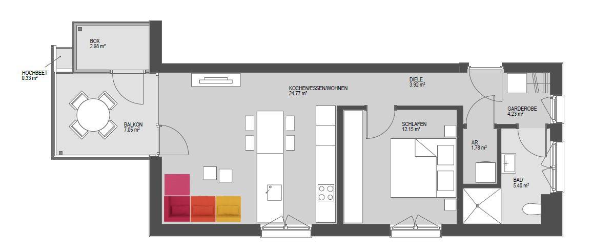 Detaillierter Grundriss einer Wohnung mit offenem Wohnbereich, Schlafzimmer und Balkon.