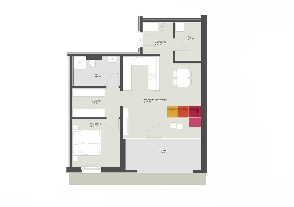Grundriss einer Wohnung mit offenem Wohnbereich, Schlafzimmer und Loggia.