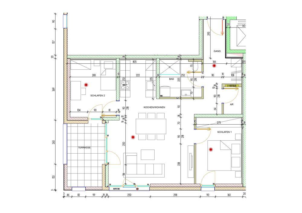 Detaillierter Grundriss der Wohnung mit Aufteilung in Schlafzimmer, Küche und Terrasse.