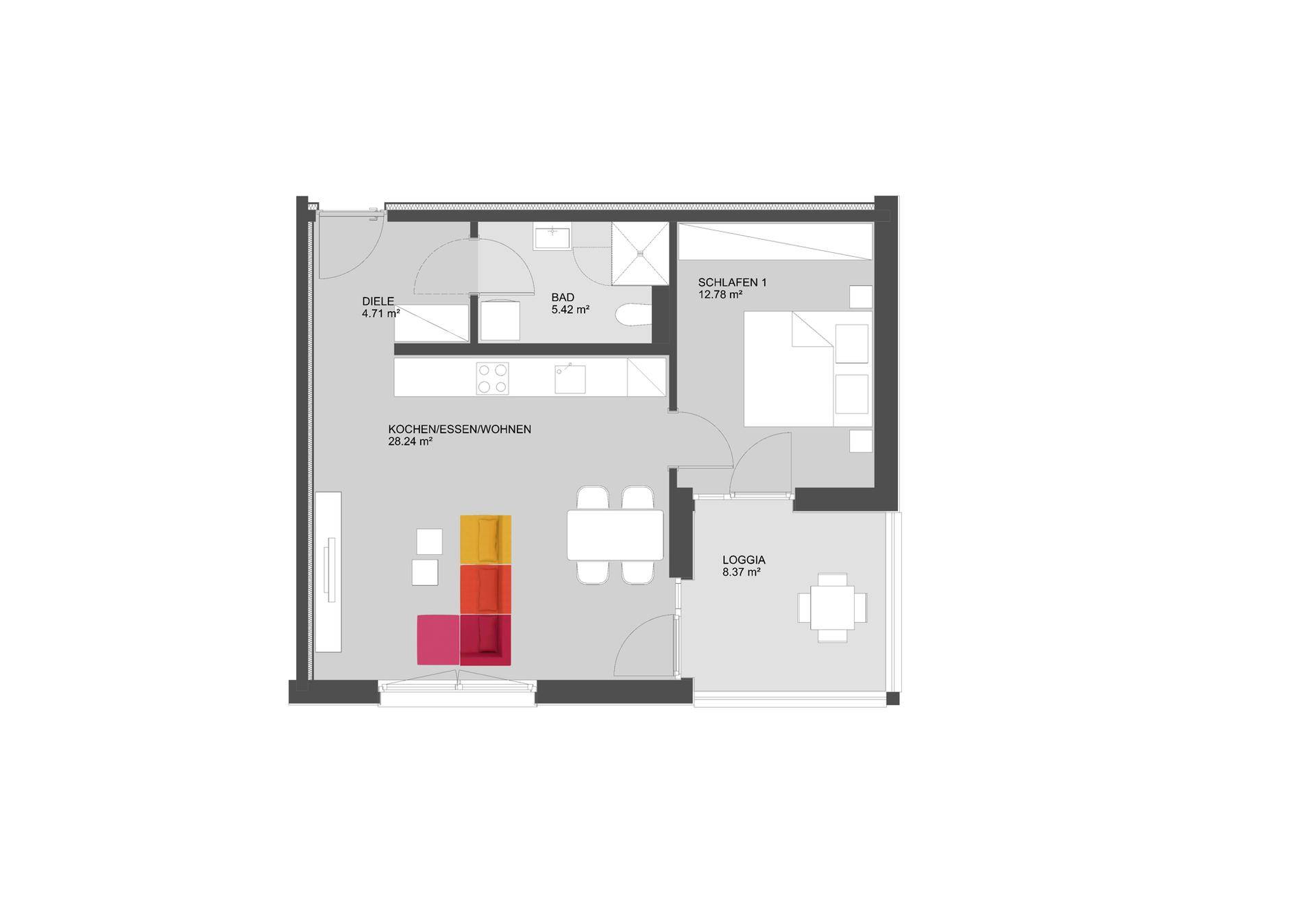 Grundriss einer Wohnung mit offenem Wohn-Essbereich, Schlafzimmer, Bad und Loggia.