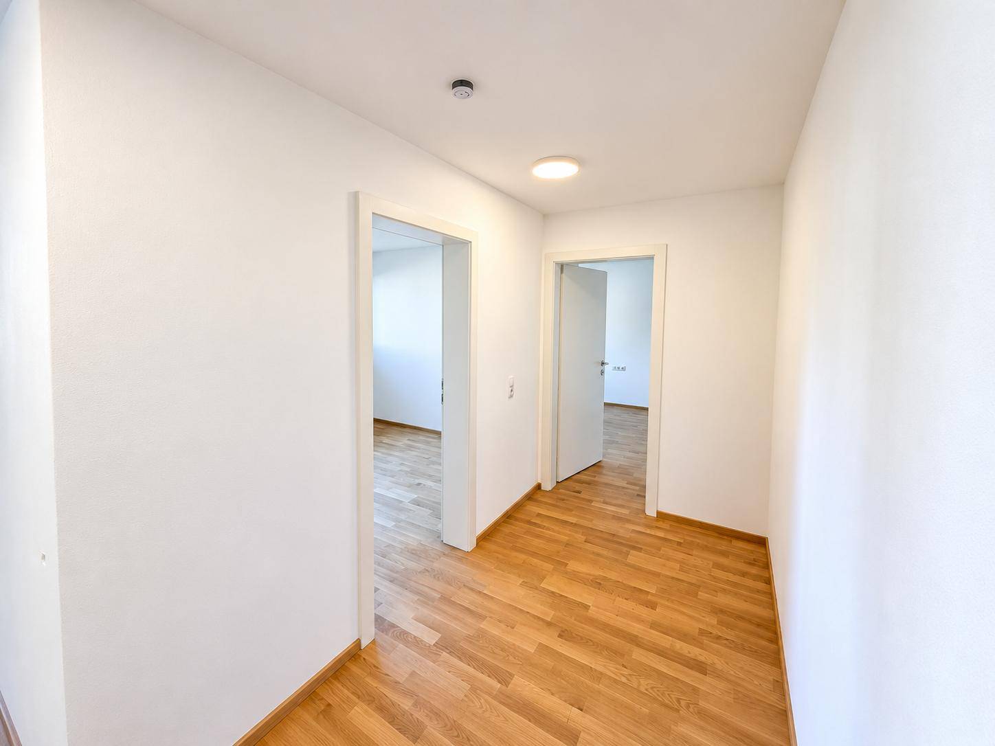 Geräumiger Flur mit hellem Parkettboden und zwei Türen, die zu weiteren Räumen führen.
