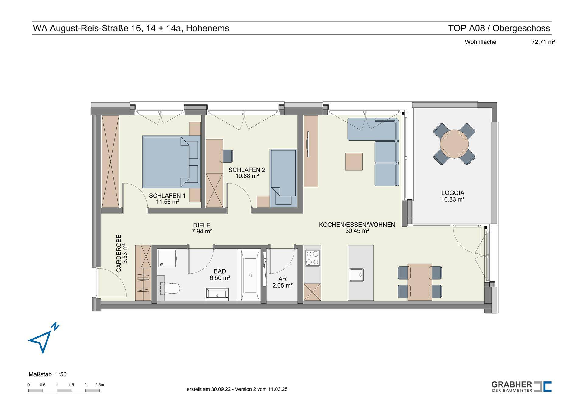 Grundriss einer Wohnung mit zwei Schlafzimmern, offenem Wohnbereich und Loggia.