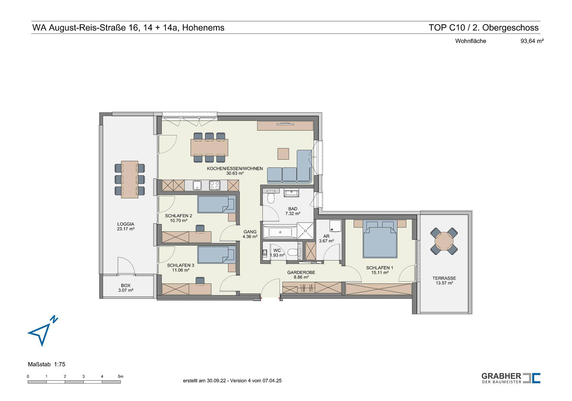 Detaillierter Grundriss einer Wohnung mit drei Schlafzimmern, Loggia und Terrasse.