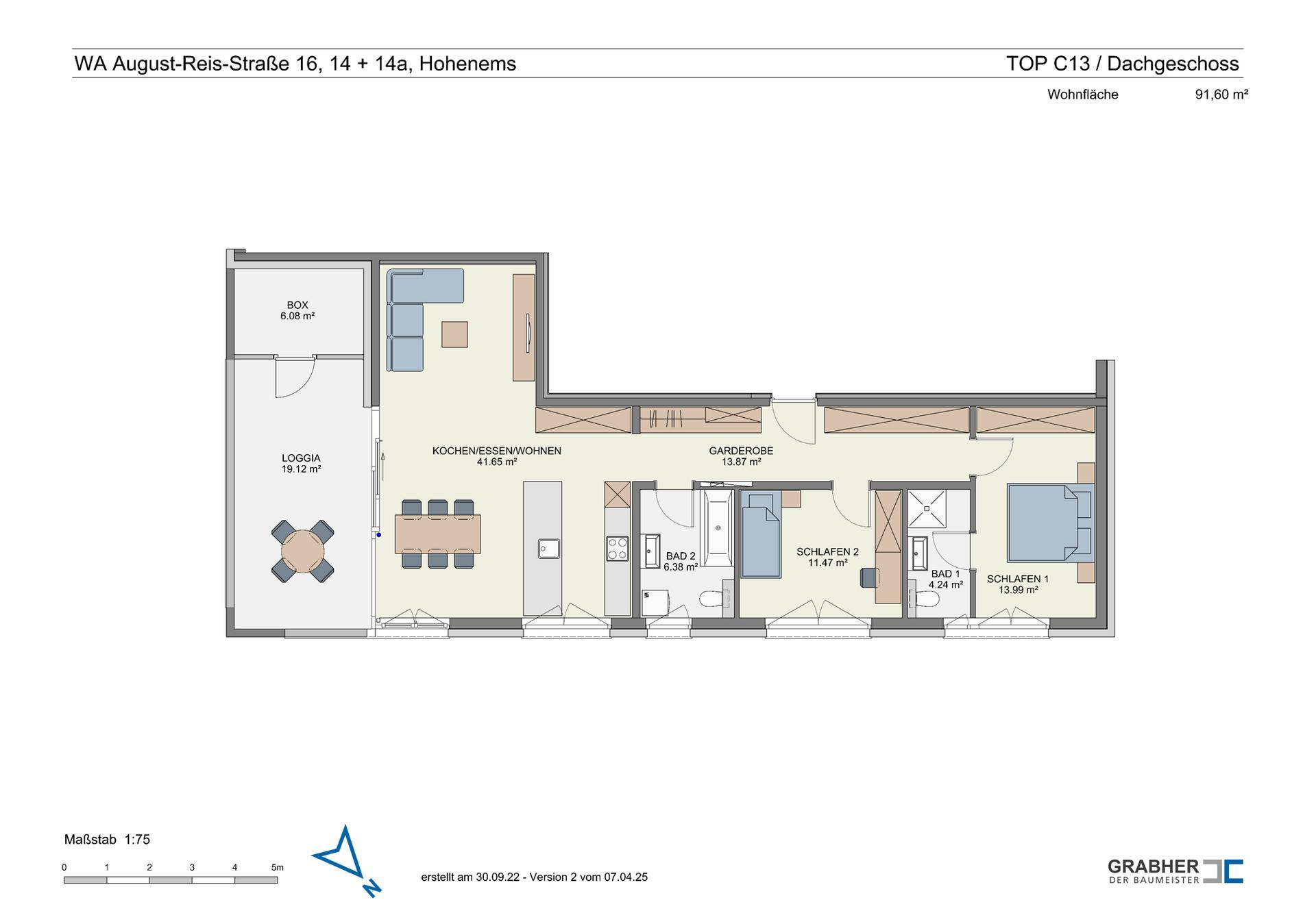 Grundriss einer Dachgeschosswohnung mit offenem Wohnbereich, zwei Bädern und großer Loggia.