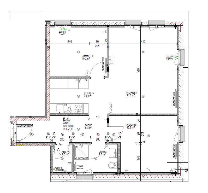 Grundriss einer Wohnung mit drei Zimmern, offener Küche und Bad.