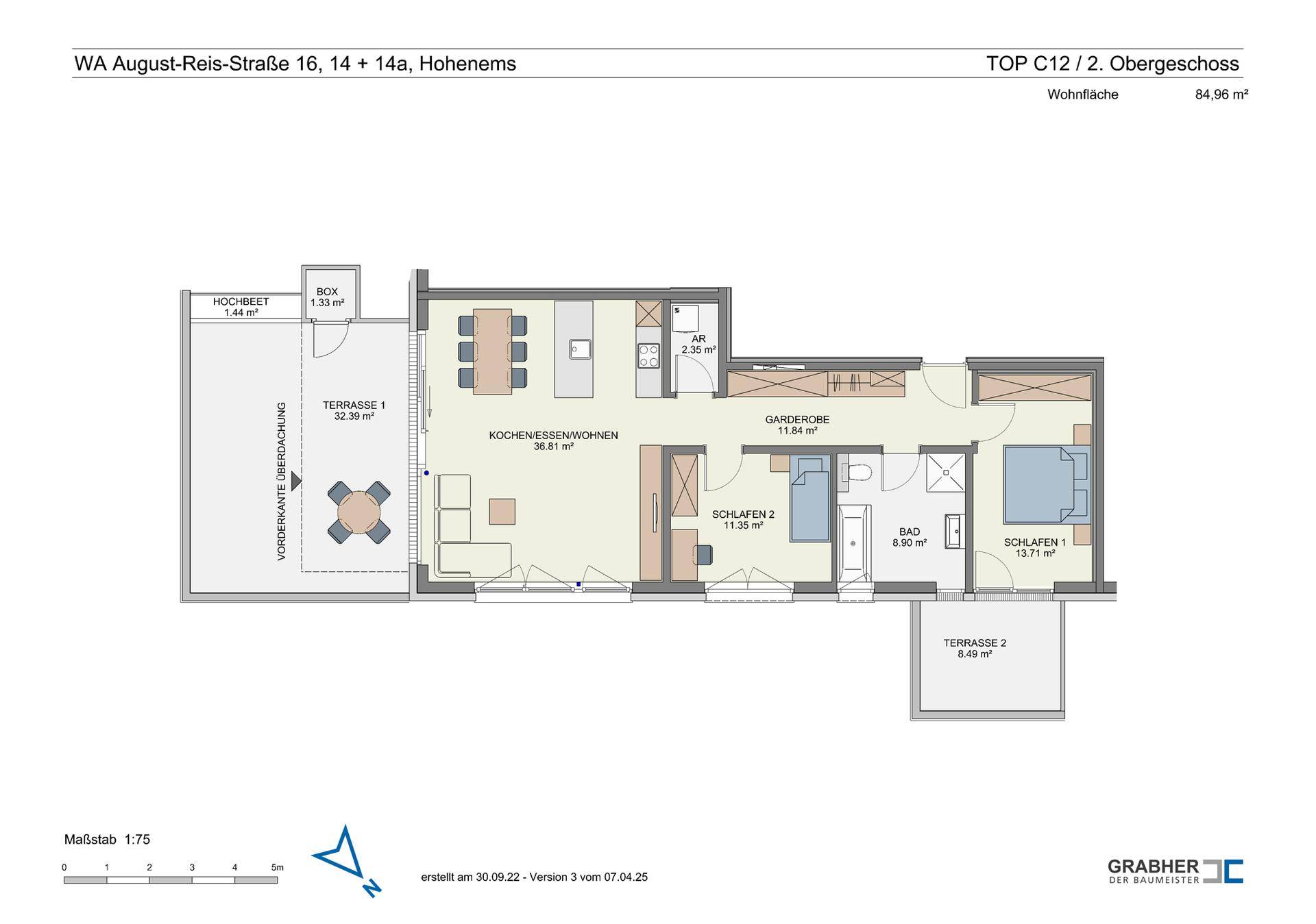 Detaillierter Grundriss einer Wohnung mit zwei Terrassen und offenem Wohnbereich.