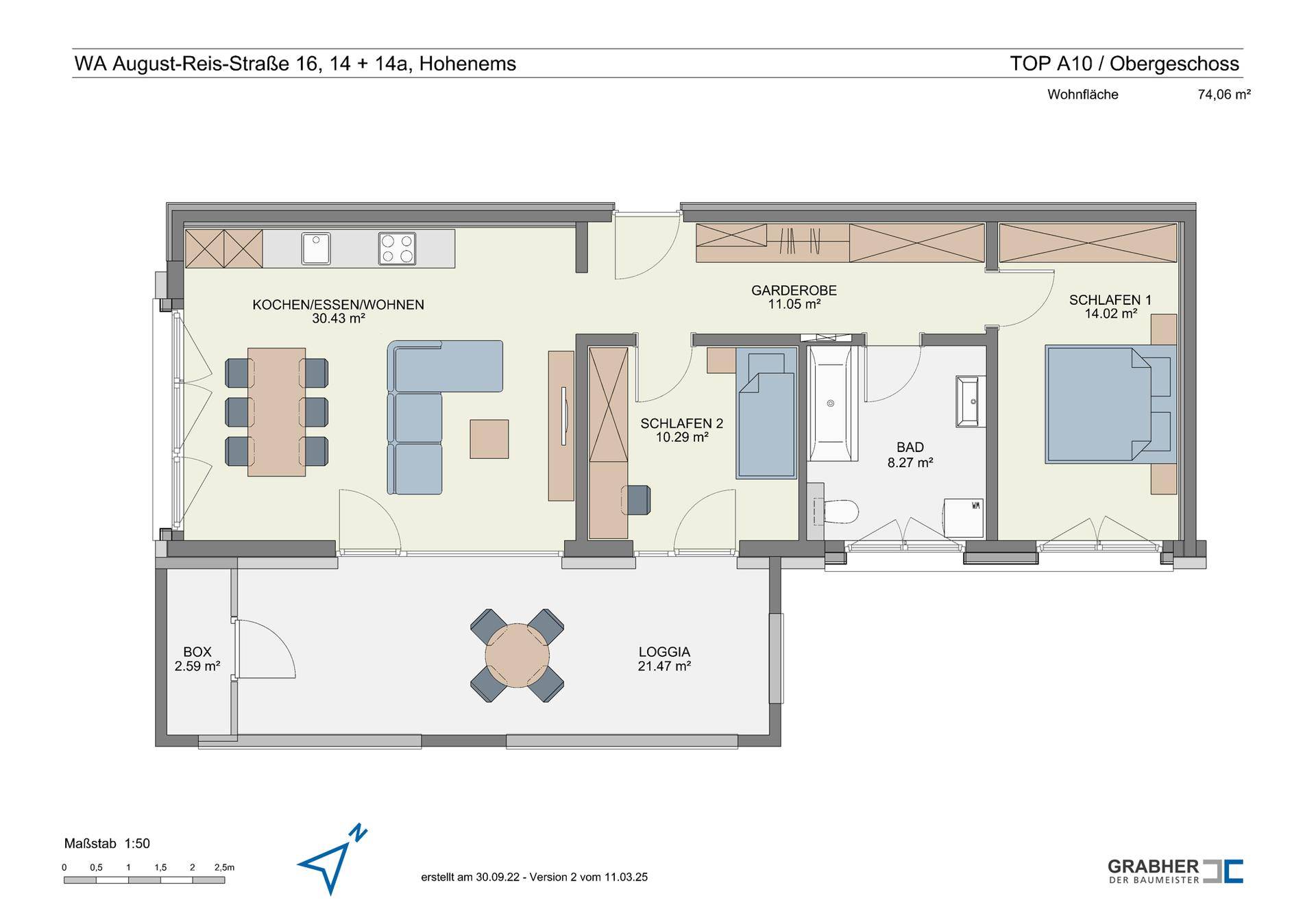 Detaillierter Grundriss einer Wohnung mit offener Wohnküche, zwei Schlafzimmern und Loggia.