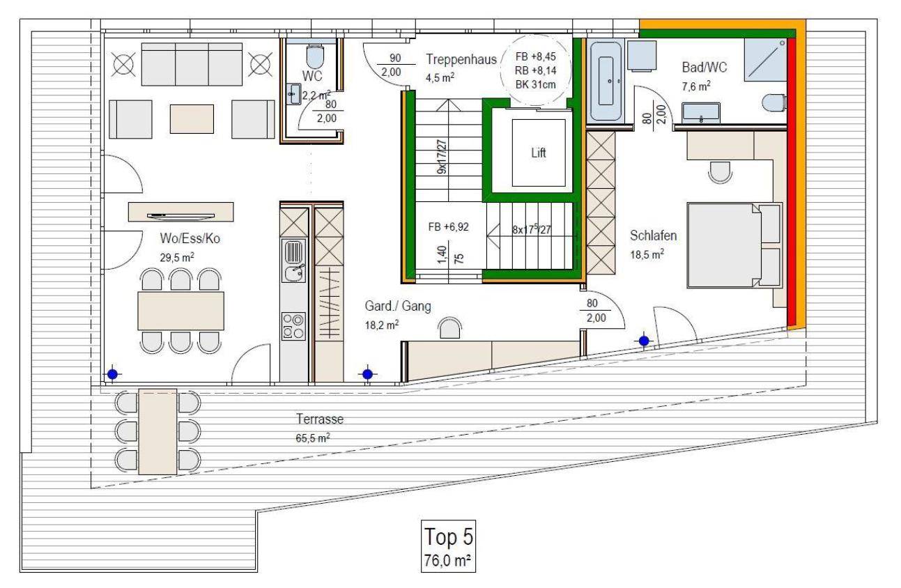 Grundriss einer Wohnung mit offenem Wohn-Essbereich, Schlafzimmer, Bad und großer Terrasse.