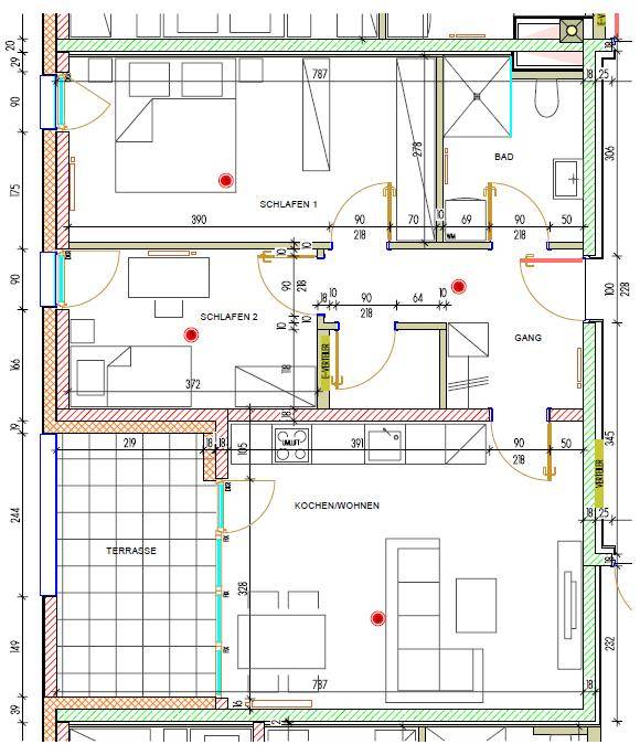 Detaillierter Grundriss einer Wohnung mit zwei Schlafzimmern, Terrasse und offenem Wohn-Kochbereich.