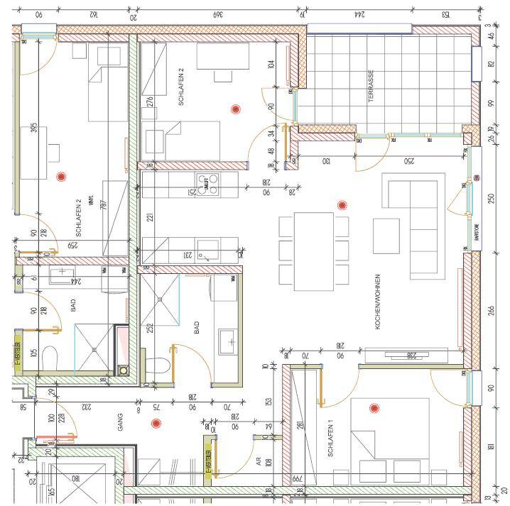 Detaillierter Grundriss einer Wohnung mit drei Schlafzimmern, zwei Bädern und einer Terrasse.