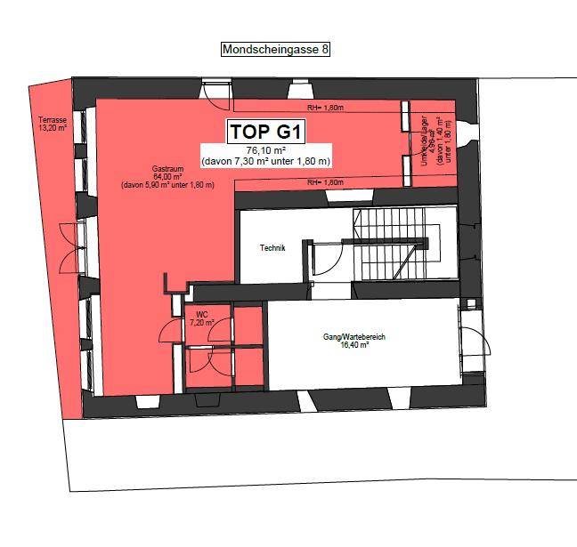 Grundriss des Erdgeschosses mit Gastraum, Technikbereich, WC und Terrasse.