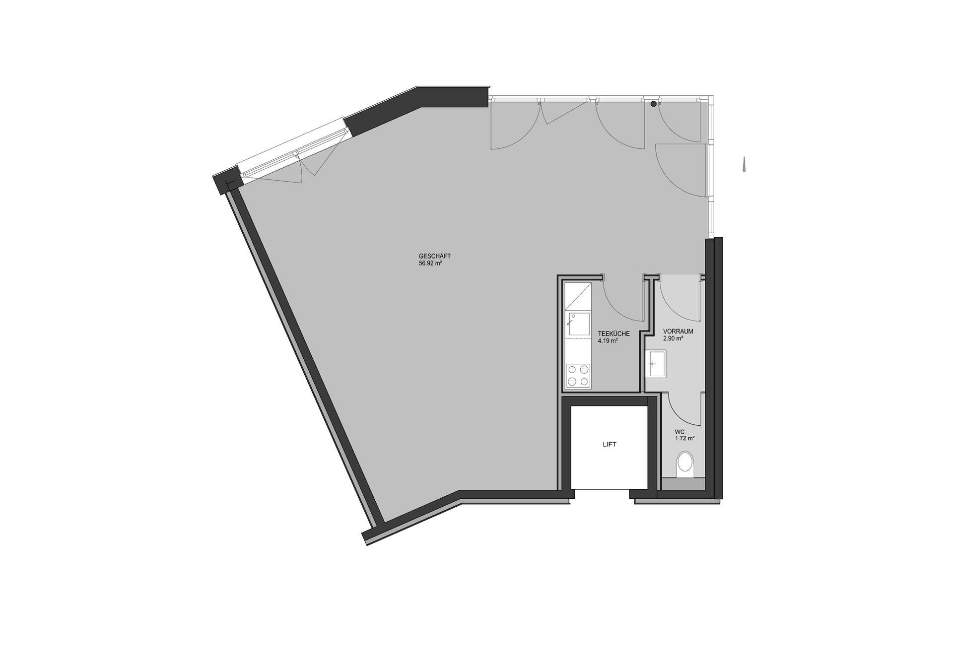 Grundriss eines Geschäftsraums mit Terrasse, Vorraum, WC und Zugang zum Aufzug.