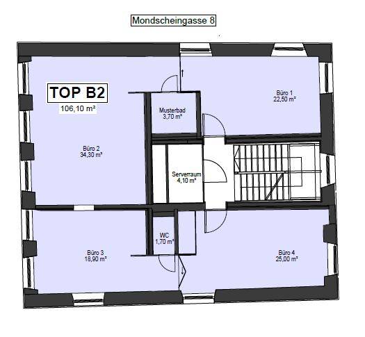 Grundrissplan zeigt die Aufteilung in mehrere Büroräume, Bad und WC.