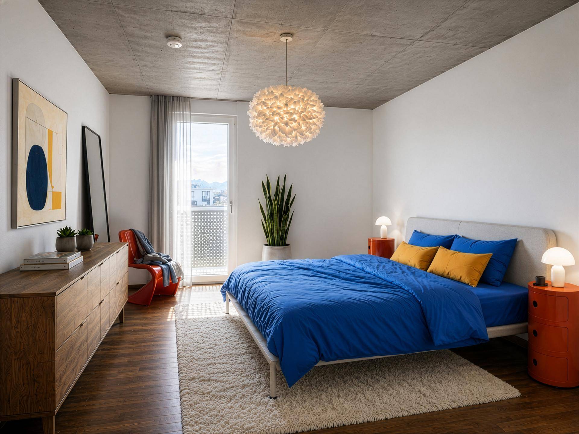 Modern eingerichtetes Schlafzimmer mit Holzboden, farbigen Akzenten und Balkonzugang.