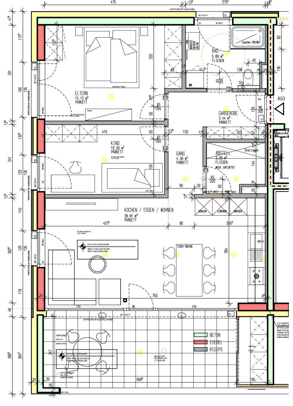 Detaillierter Grundriss einer Wohnung mit Schlafzimmer, Kinderzimmer und offenem Wohnbereich.