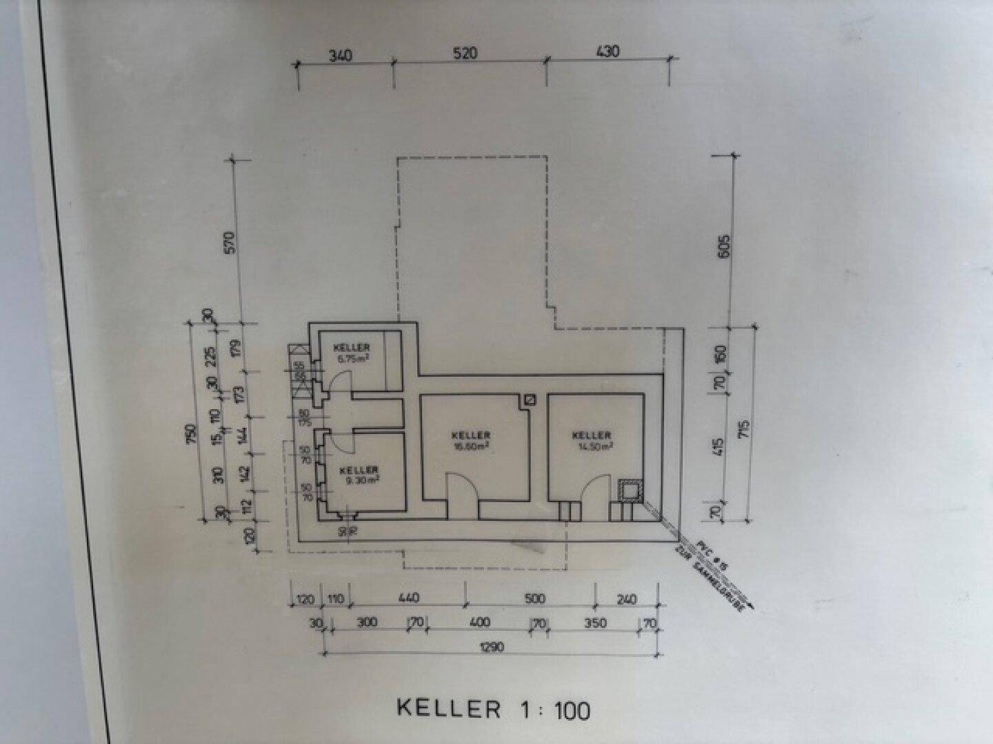 Grundriss des Kellers mit mehreren Kellerräumen und Technikbereich.
