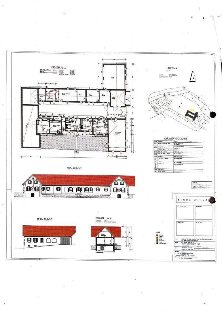 Übersicht der Baupläne mit Grundriss, Lageplan und verschiedenen Ansichten des Gebäudes.