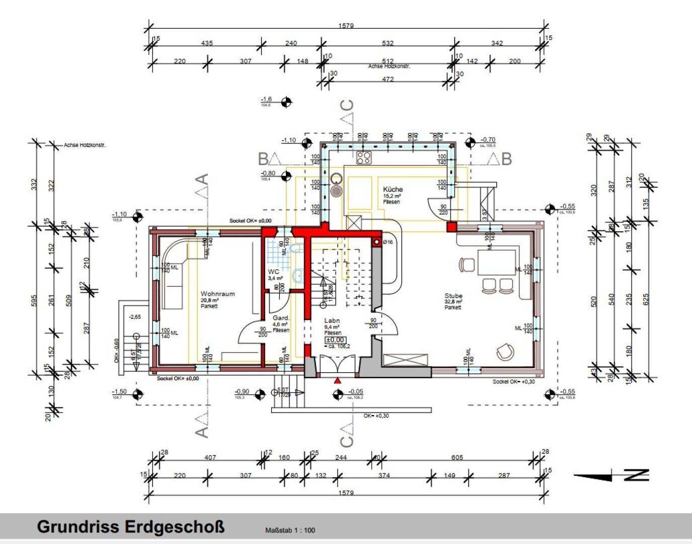 Grundriss des Erdgeschosses mit Wohnraum, Küche, WC und Stube.